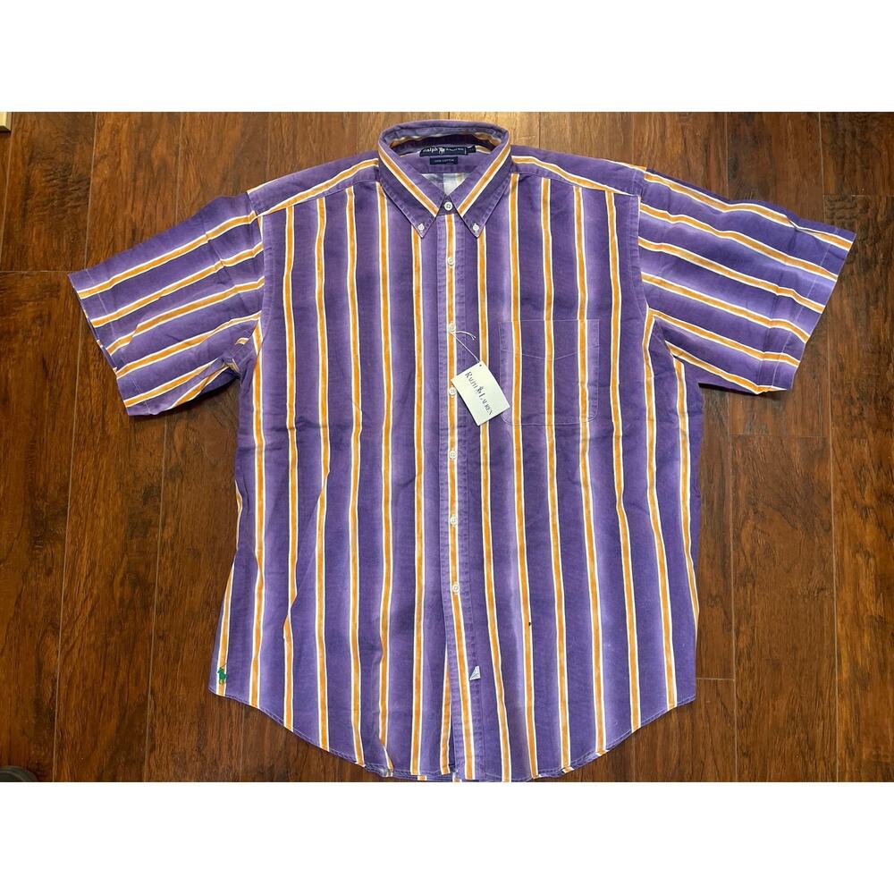 Polo Ralph Lauren Shirt Men XL Purple Orange Vertical Stripe Oxford Green Pony